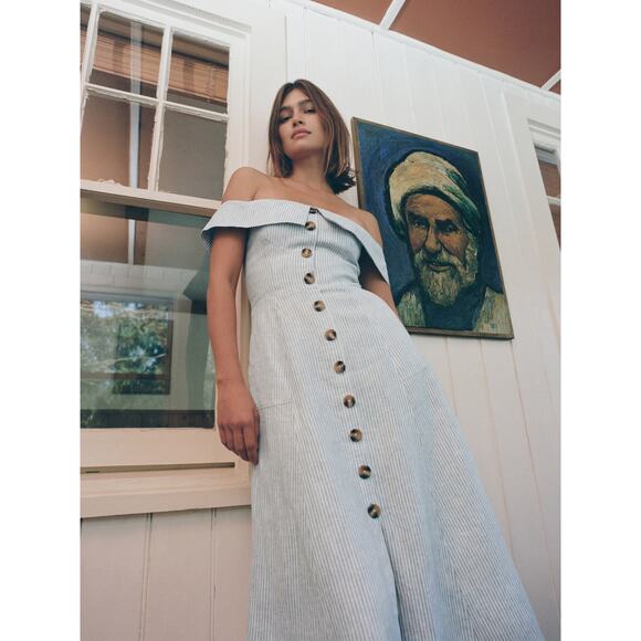 Reformation Adriel Off-the-Shoulder Linen Midi Dress Striped Sourdough - 4